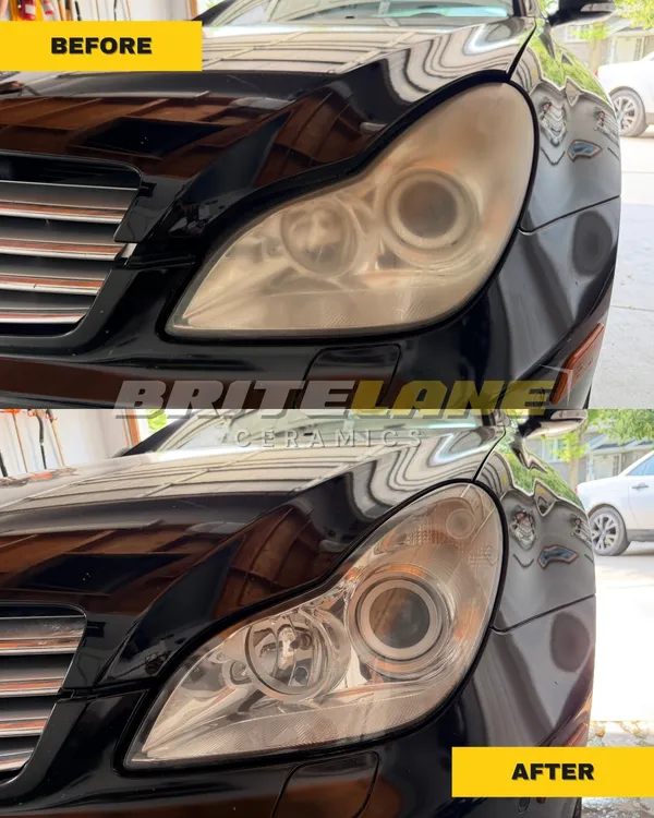 Before and after headlight restoration by BriteLane Ceramics, a yellowed and oxidized lens corrected to a clear, ceramic sealed finish.