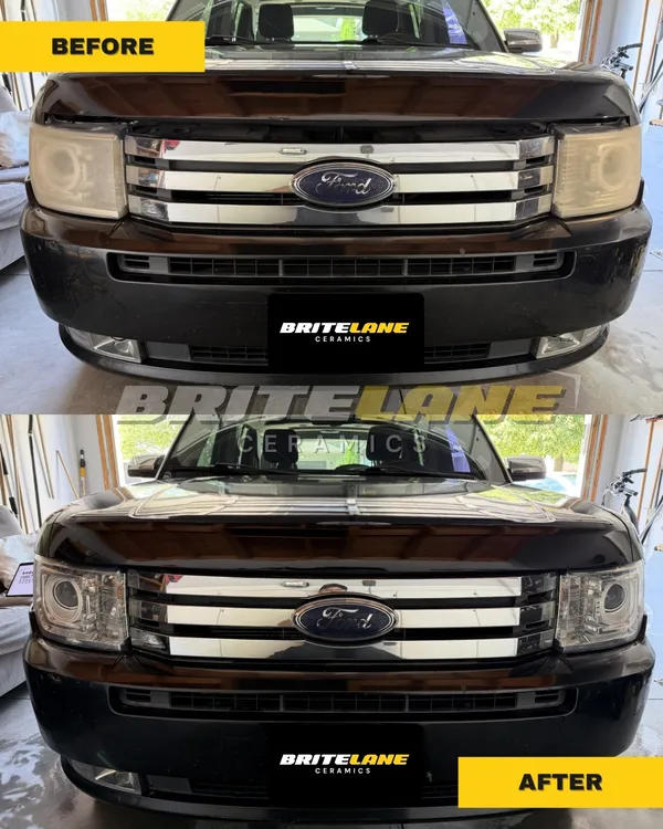 Before and after look at a headlight restoration, a yellowed and oxidized lens corrected to a clear, ceramic sealed finish.