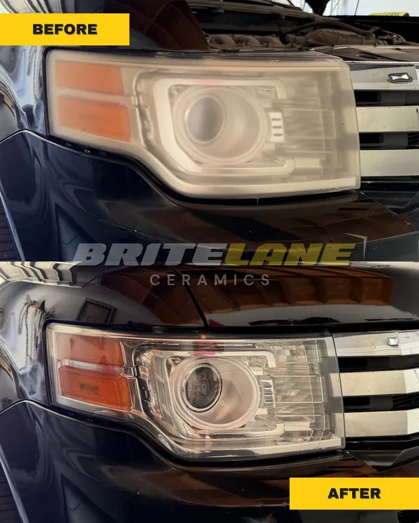 Before and after headlight restoration by BriteLane Ceramics, a cloudy, sun damaged headlight corrected to a clear, ceramic sealed finish.