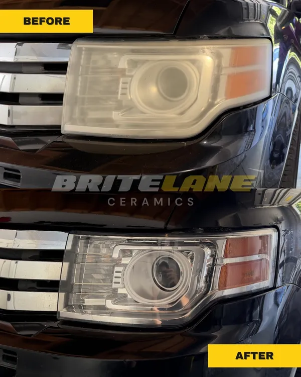 Headlight restoration result from BriteLane Ceramics, a cloudy, sun damaged headlight corrected to a clear, ceramic sealed finish.
