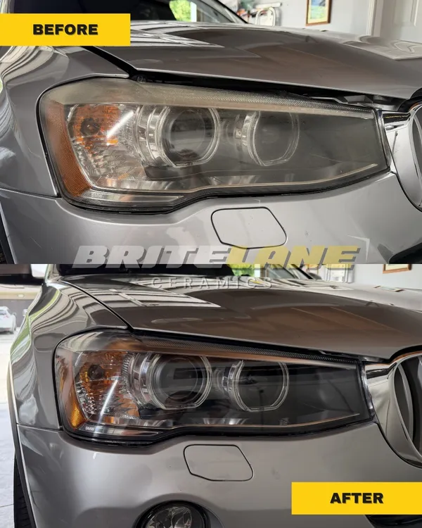 BriteLane Ceramics before and after photo, a cloudy, sun damaged headlight corrected to a clear, ceramic sealed finish.