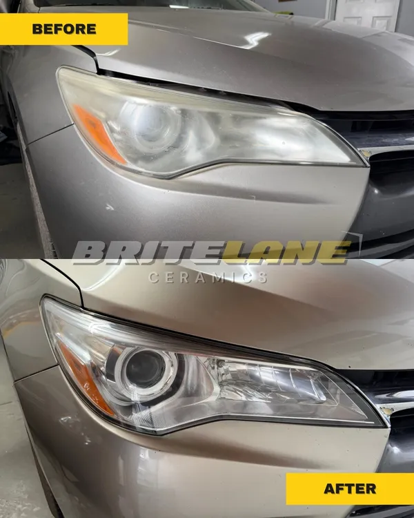 Restored headlight comparison from BriteLane Ceramics, a cloudy, sun damaged headlight corrected to a clear, ceramic sealed finish.