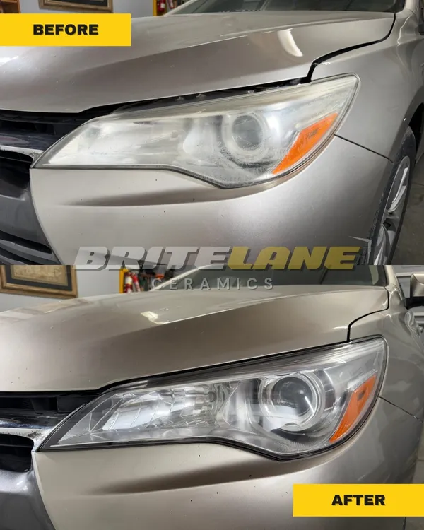 Before and after headlight correction, a cloudy, sun damaged headlight corrected to a clear, ceramic sealed finish.