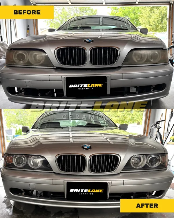 BriteLane Ceramics restoration photo, a cloudy, sun damaged headlight corrected to a clear, ceramic sealed finish.