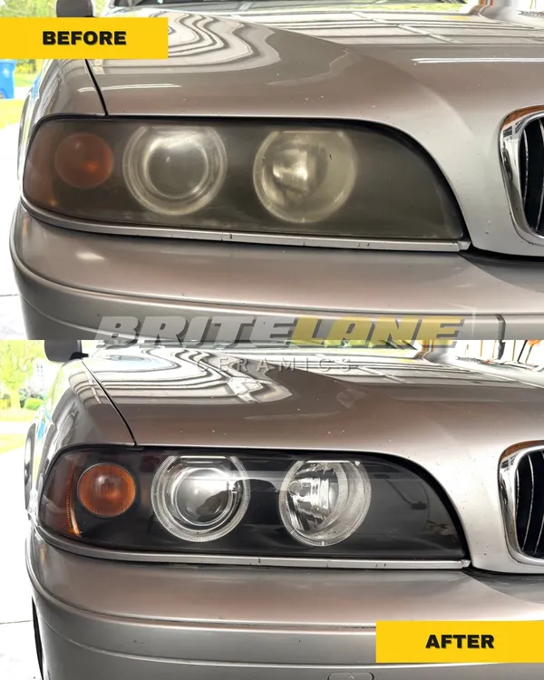Before and after view of a headlight restoration, a cloudy, sun damaged headlight corrected to a clear, ceramic sealed finish.