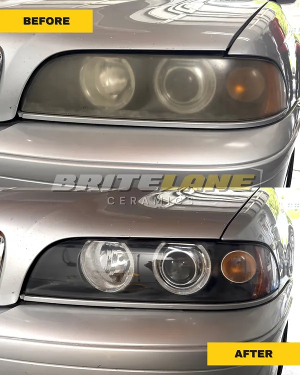 Headlight before and after ceramic restoration, a cloudy, sun damaged headlight corrected to a clear, ceramic sealed finish.
