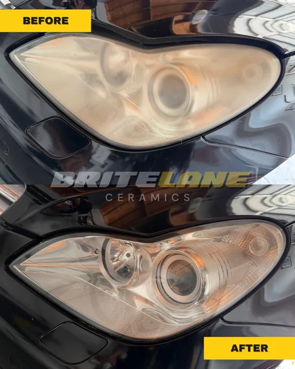 Headlight restoration result from BriteLane Ceramics, a yellowed and oxidized lens corrected to a clear, ceramic sealed finish.