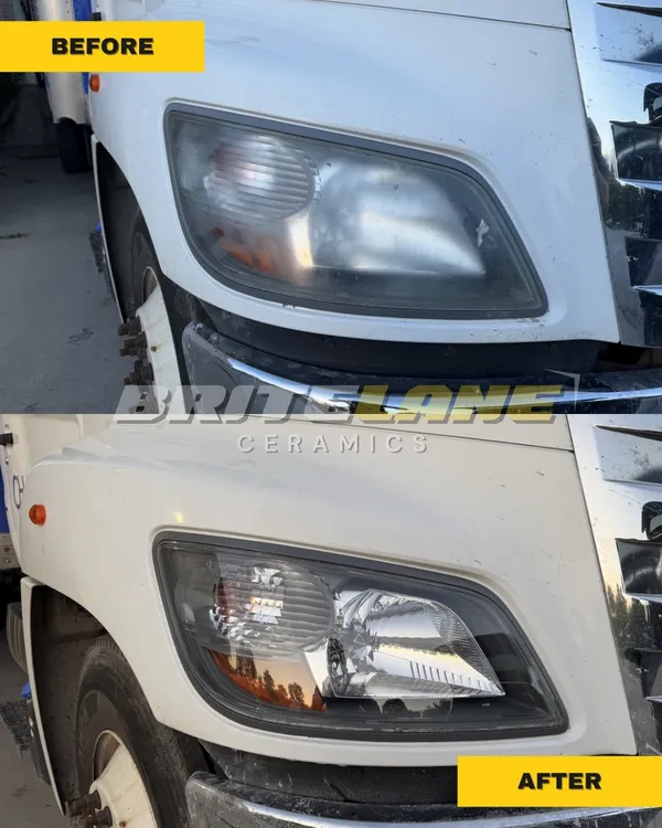 Before and after look at a headlight restoration, a cloudy, sun damaged headlight corrected to a clear, ceramic sealed finish.