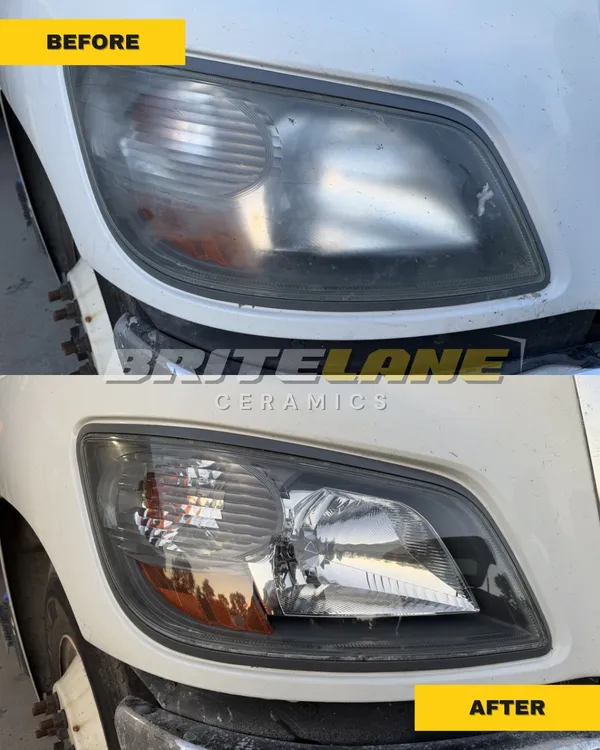 Before and after headlight restoration by BriteLane Ceramics, a foggy, hazy lens corrected to a clear, ceramic sealed finish.
