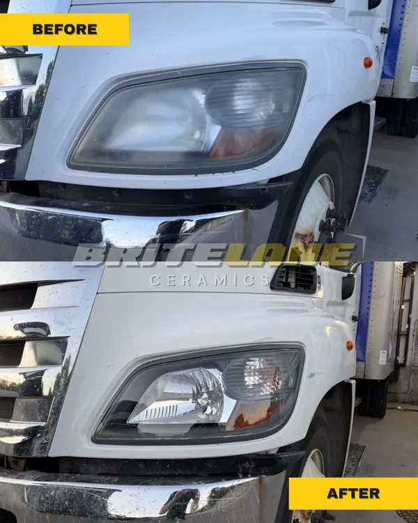 Headlight restoration result from BriteLane Ceramics, a foggy, hazy lens corrected to a clear, ceramic sealed finish.