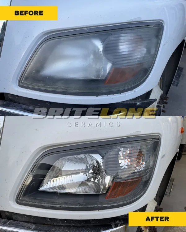 BriteLane Ceramics before and after photo, a foggy, hazy lens corrected to a clear, ceramic sealed finish.