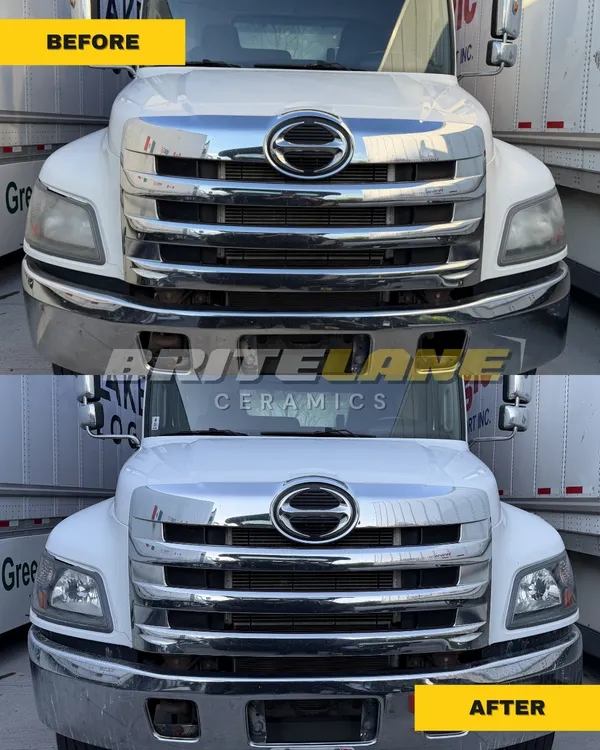 Restored headlight comparison from BriteLane Ceramics, a foggy, hazy lens corrected to a clear, ceramic sealed finish.