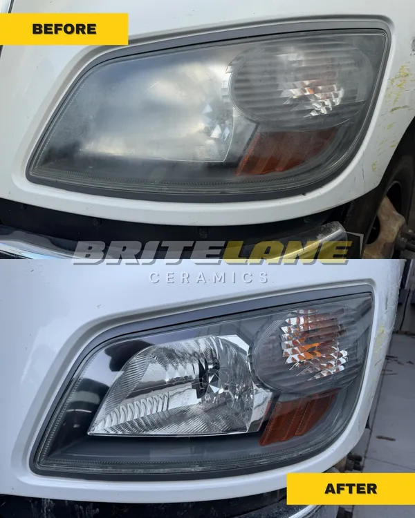 Before and after headlight correction, a foggy, hazy lens corrected to a clear, ceramic sealed finish.