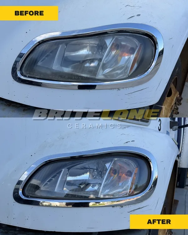 Before and after view of a headlight restoration, a foggy, hazy lens corrected to a clear, ceramic sealed finish.