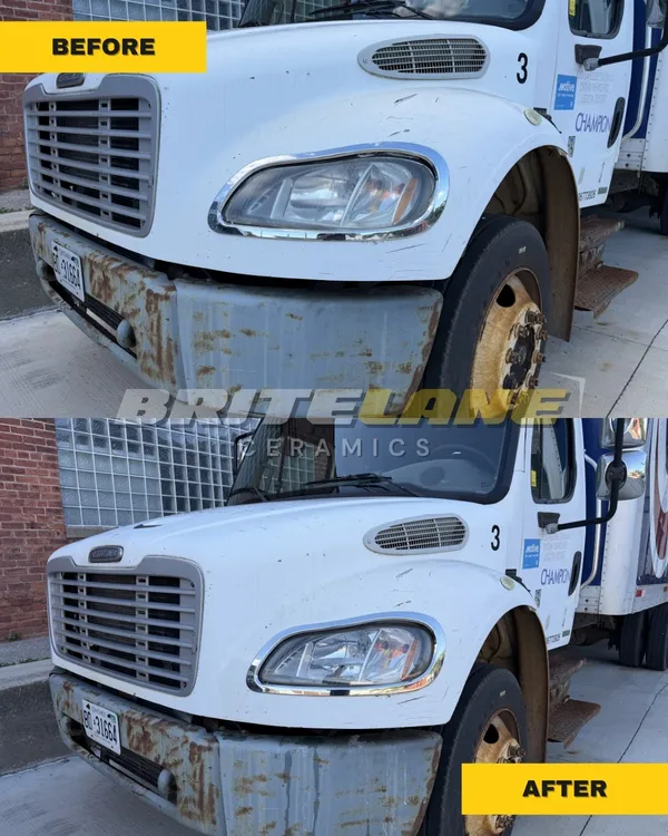 Headlight before and after ceramic restoration, a foggy, hazy lens corrected to a clear, ceramic sealed finish.