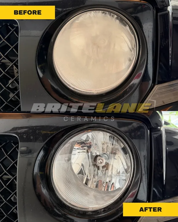 BriteLane Ceramics headlight correction result, a foggy, hazy lens corrected to a clear, ceramic sealed finish.