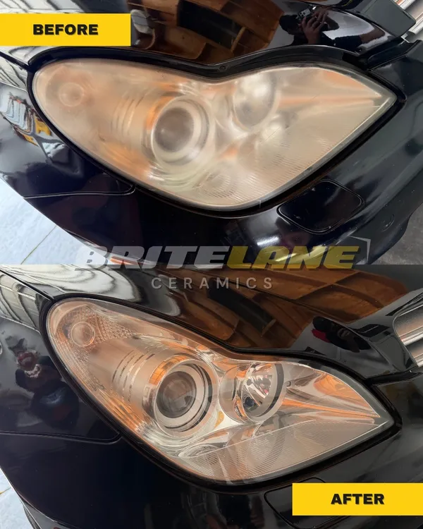 BriteLane Ceramics before and after photo, a yellowed and oxidized lens corrected to a clear, ceramic sealed finish.