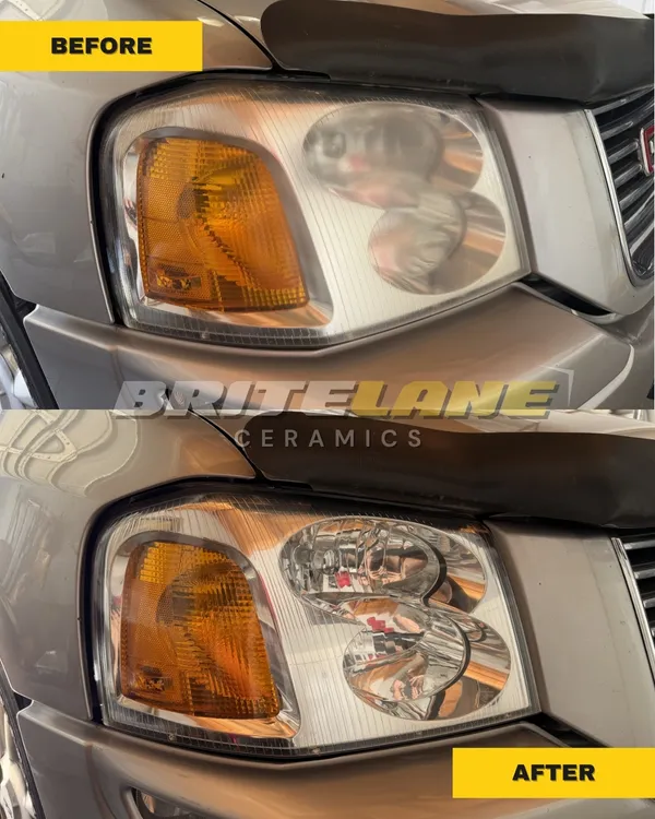 Before and after look at a headlight restoration, a foggy, hazy lens corrected to a clear, ceramic sealed finish.
