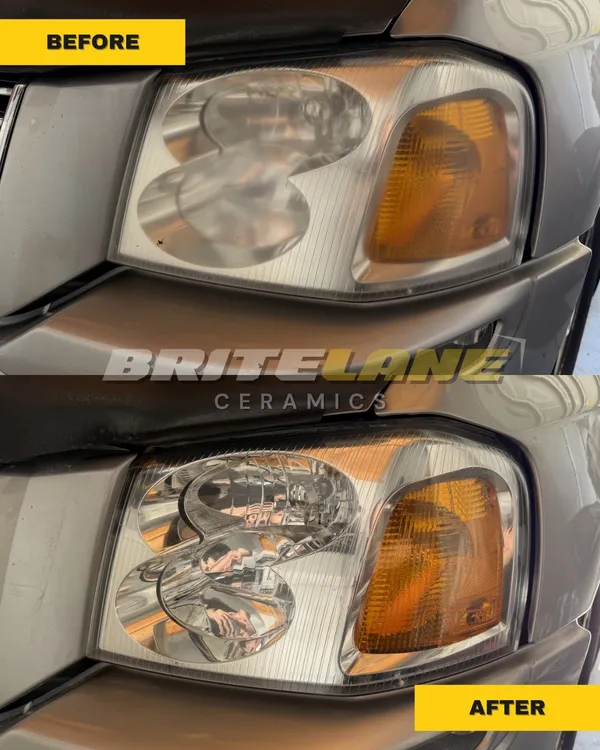 Before and after headlight restoration by BriteLane Ceramics, a dull, yellowed headlight corrected to a clear, ceramic sealed finish.