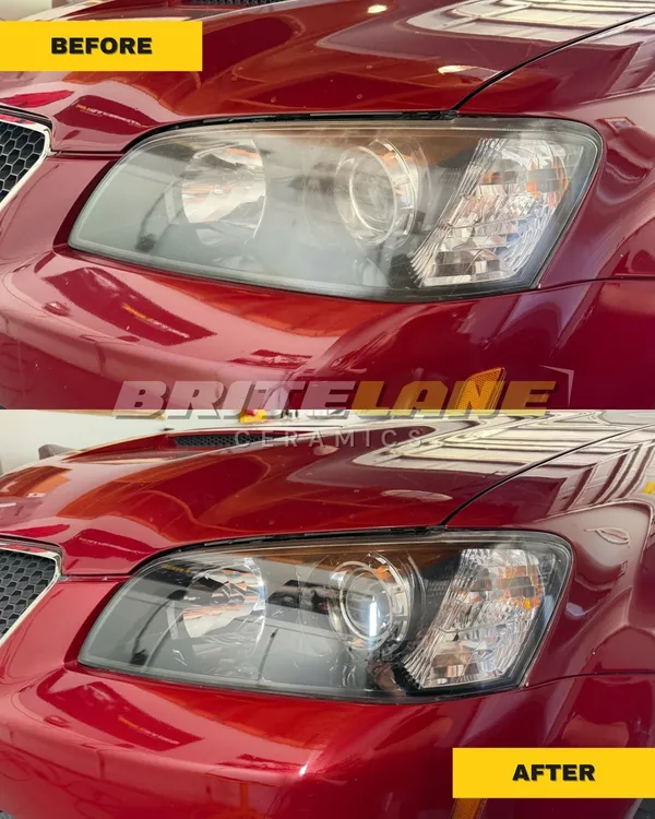 Headlight restoration result from BriteLane Ceramics, a dull, yellowed headlight corrected to a clear, ceramic sealed finish.