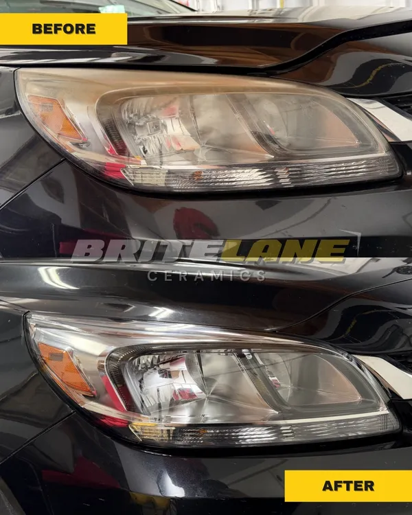 BriteLane Ceramics before and after photo, a dull, yellowed headlight corrected to a clear, ceramic sealed finish.