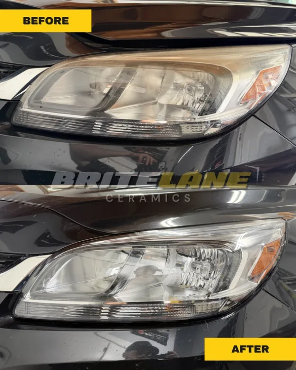 Restored headlight comparison from BriteLane Ceramics, a dull, yellowed headlight corrected to a clear, ceramic sealed finish.
