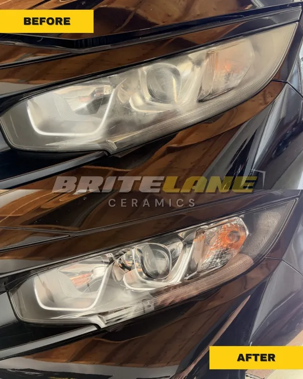 Before and after headlight correction, a dull, yellowed headlight corrected to a clear, ceramic sealed finish.