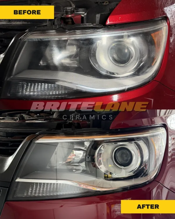 BriteLane Ceramics restoration photo, a dull, yellowed headlight corrected to a clear, ceramic sealed finish.