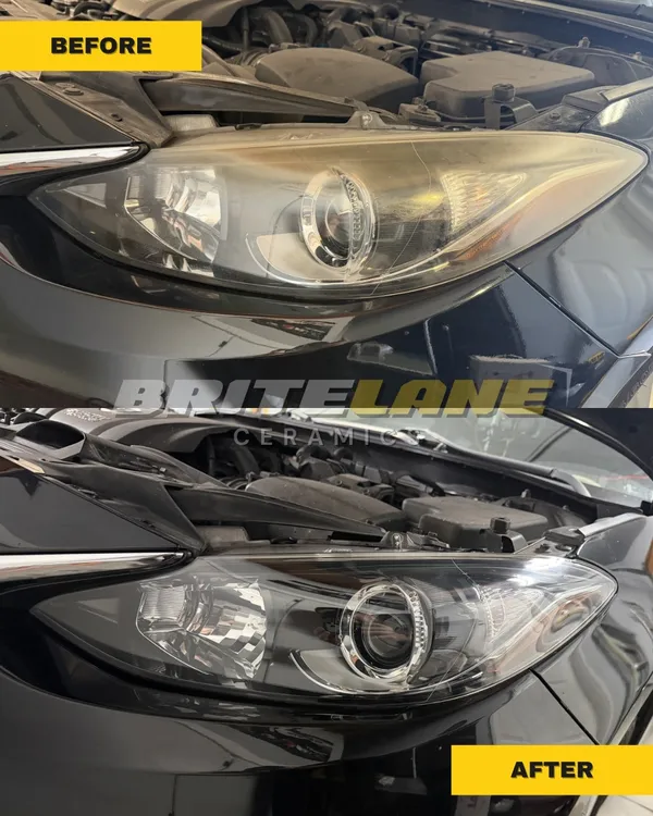 Before and after view of a headlight restoration, a dull, yellowed headlight corrected to a clear, ceramic sealed finish.