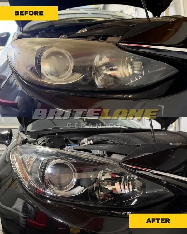 Headlight before and after ceramic restoration, a dull, yellowed headlight corrected to a clear, ceramic sealed finish.
