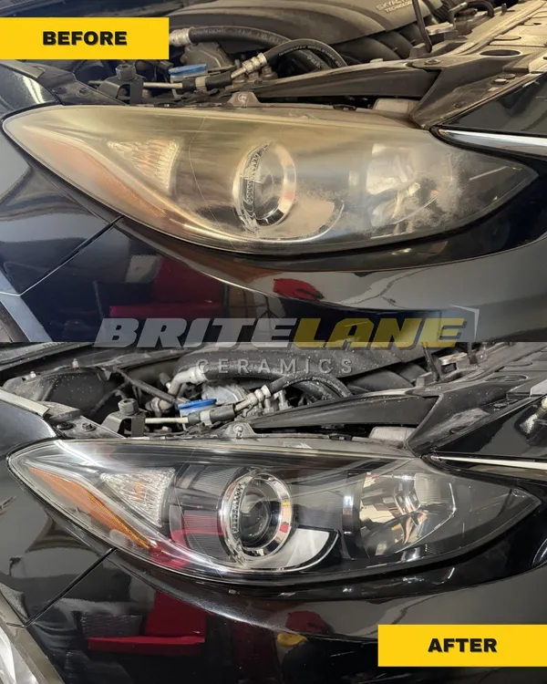 BriteLane Ceramics headlight correction result, a dull, yellowed headlight corrected to a clear, ceramic sealed finish.
