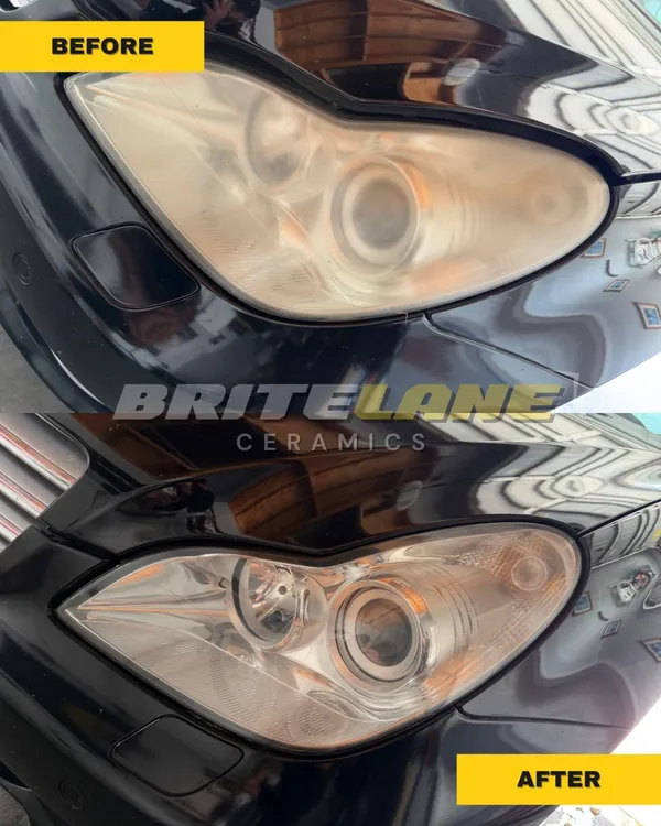 Restored headlight comparison from BriteLane Ceramics, a yellowed and oxidized lens corrected to a clear, ceramic sealed finish.