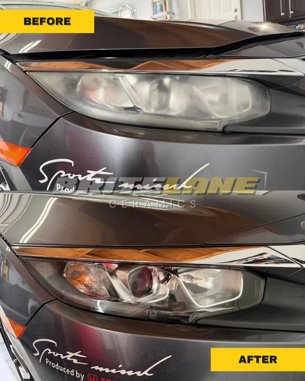Before and after look at a headlight restoration, a dull, yellowed headlight corrected to a clear, ceramic sealed finish.