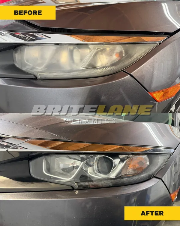 Before and after headlight restoration by BriteLane Ceramics, an oxidized and clouded lens corrected to a clear, ceramic sealed finish.