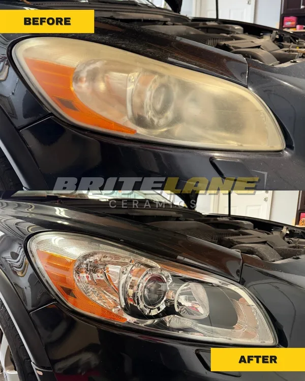 Headlight restoration result from BriteLane Ceramics, an oxidized and clouded lens corrected to a clear, ceramic sealed finish.