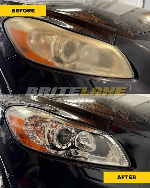 BriteLane Ceramics before and after photo, an oxidized and clouded lens corrected to a clear, ceramic sealed finish.