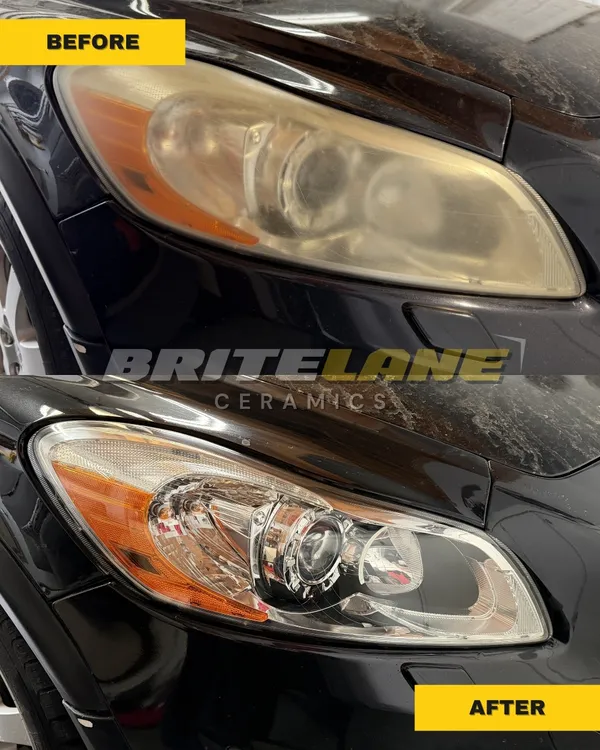 Restored headlight comparison from BriteLane Ceramics, an oxidized and clouded lens corrected to a clear, ceramic sealed finish.