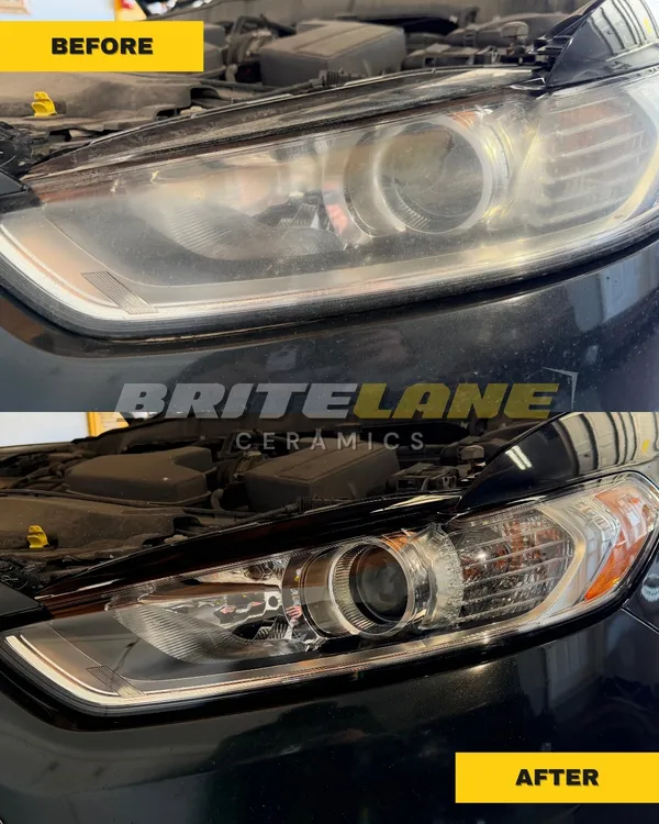 Before and after headlight correction, an oxidized and clouded lens corrected to a clear, ceramic sealed finish.