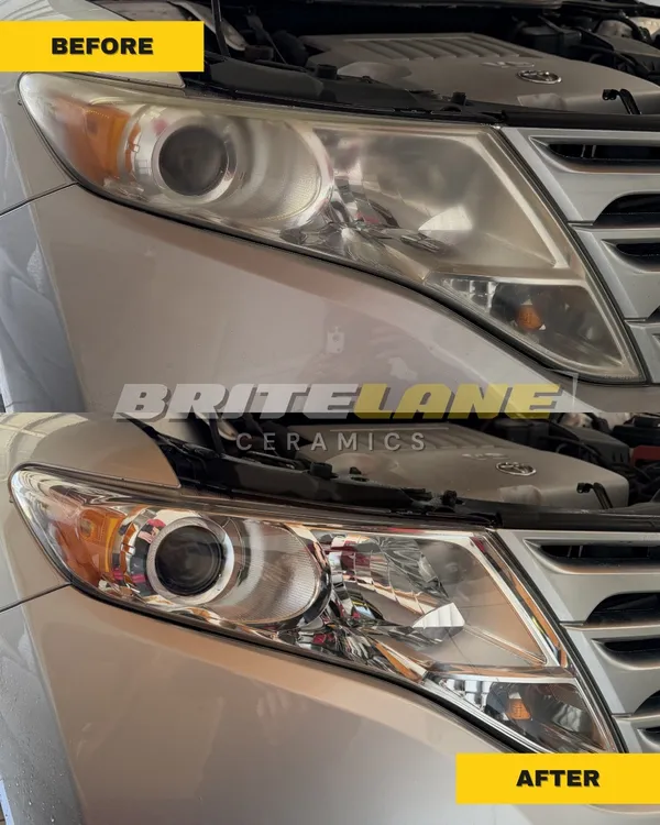 Before and after view of a headlight restoration, an oxidized and clouded lens corrected to a clear, ceramic sealed finish.