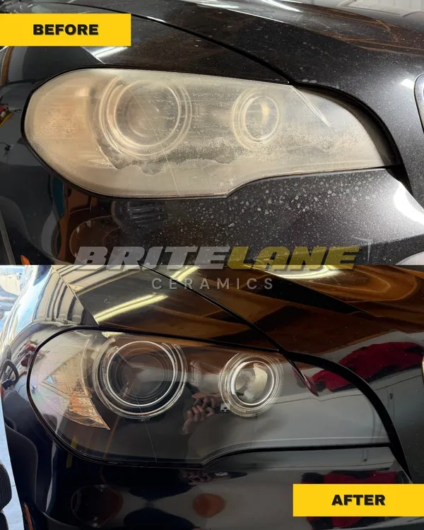 Headlight before and after ceramic restoration, an oxidized and clouded lens corrected to a clear, ceramic sealed finish.