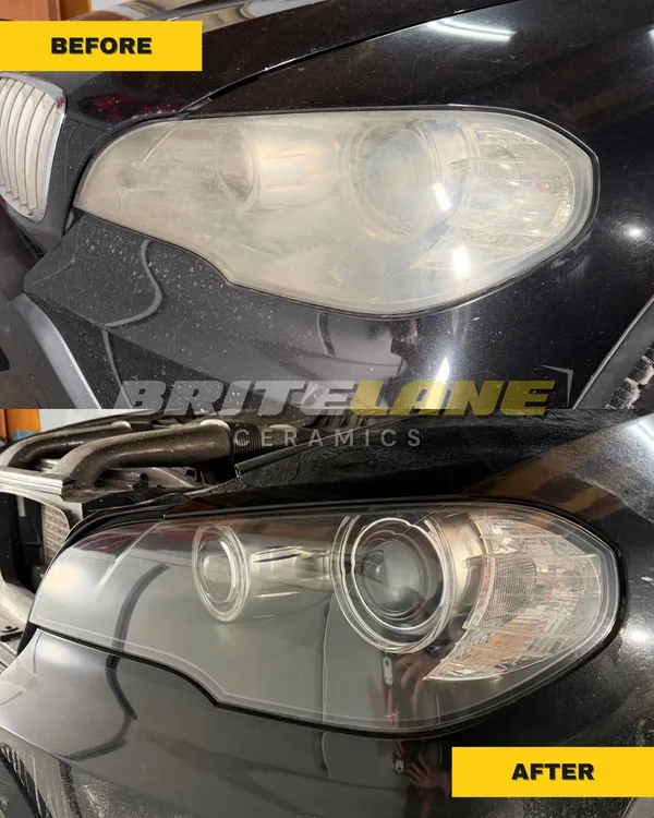 BriteLane Ceramics headlight correction result, an oxidized and clouded lens corrected to a clear, ceramic sealed finish.