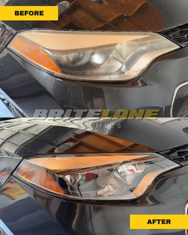 Before and after headlight correction, a yellowed and oxidized lens corrected to a clear, ceramic sealed finish.