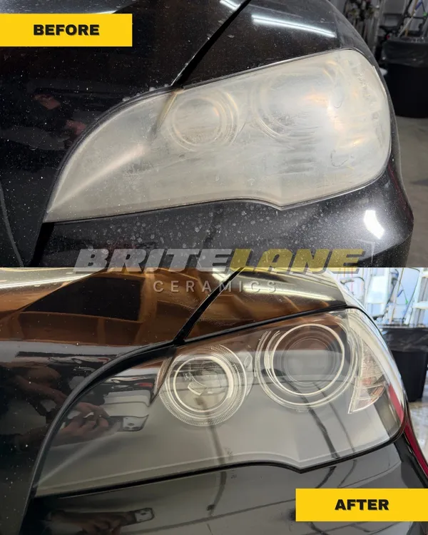 Before and after look at a headlight restoration, an oxidized and clouded lens corrected to a clear, ceramic sealed finish.