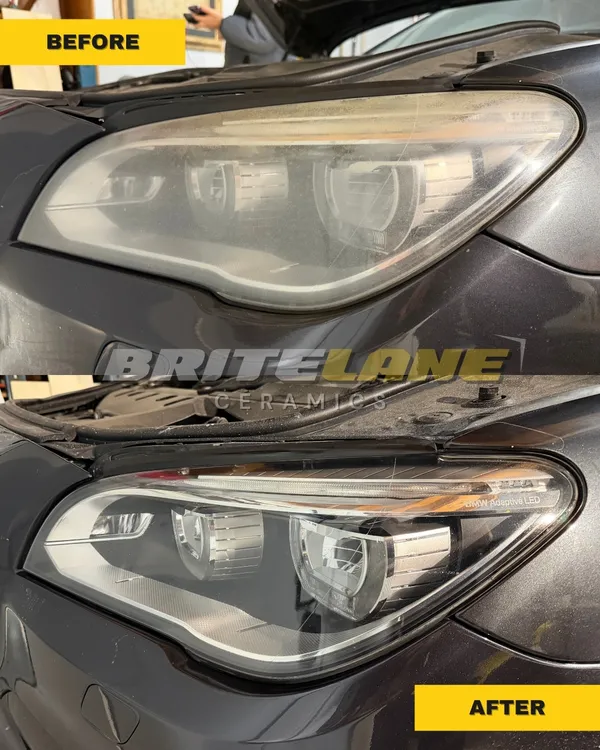 Before and after headlight restoration by BriteLane Ceramics, a sun faded, yellowed headlight corrected to a clear, ceramic sealed finish.