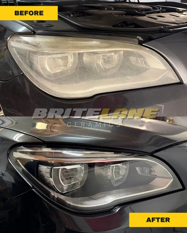 Headlight restoration result from BriteLane Ceramics, a sun faded, yellowed headlight corrected to a clear, ceramic sealed finish.