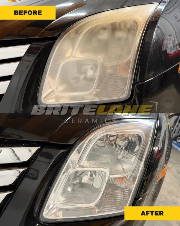 BriteLane Ceramics before and after photo, a sun faded, yellowed headlight corrected to a clear, ceramic sealed finish.