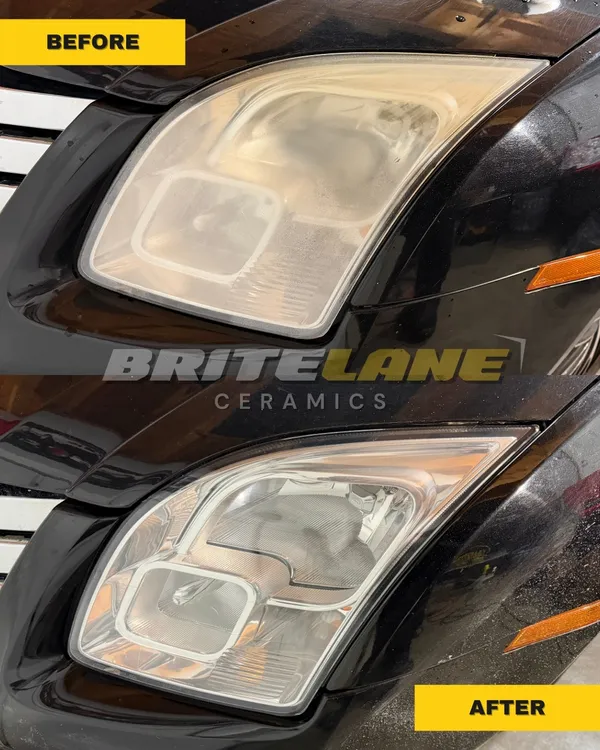 Restored headlight comparison from BriteLane Ceramics, a sun faded, yellowed headlight corrected to a clear, ceramic sealed finish.