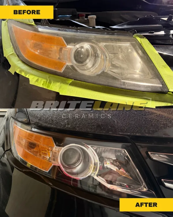 Before and after headlight correction, a sun faded, yellowed headlight corrected to a clear, ceramic sealed finish.