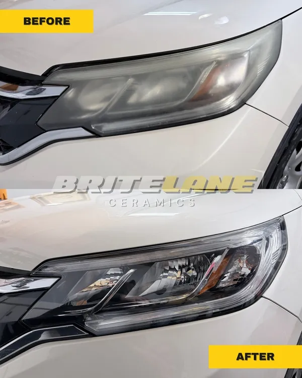 BriteLane Ceramics restoration photo, a sun faded, yellowed headlight corrected to a clear, ceramic sealed finish.