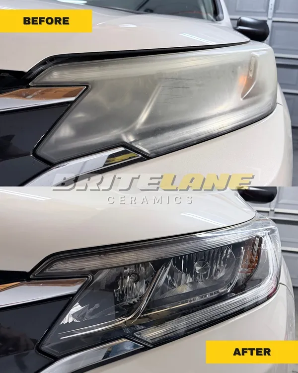 Before and after view of a headlight restoration, a sun faded, yellowed headlight corrected to a clear, ceramic sealed finish.